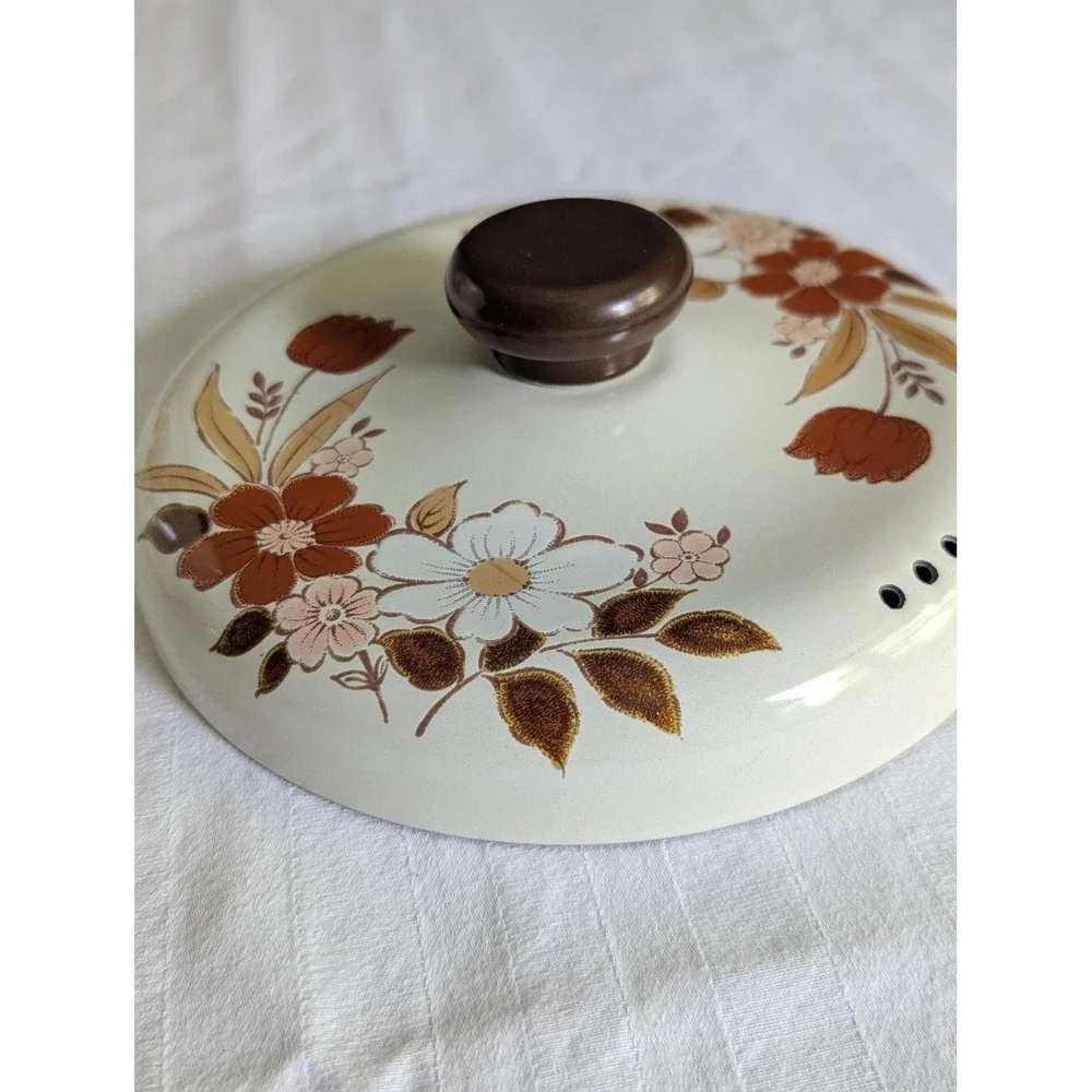 Vintage Kingsbury Dogwood Stock Pot with Lid 70's Enamelware Floral Mid-Century